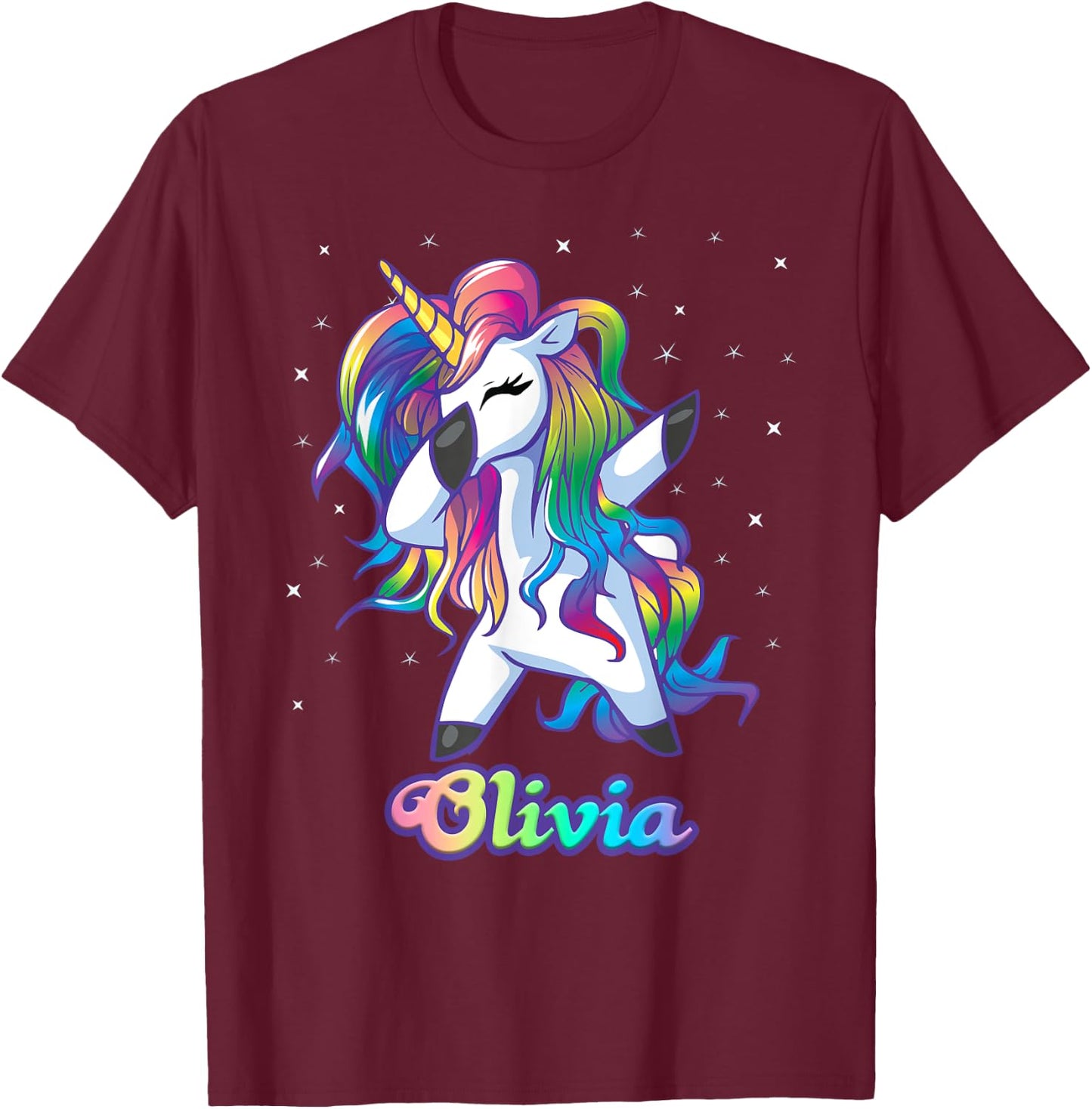 OLIVIA Name Personalized Custom Rainbow Unicorn Dabbing T-Shirt - T-Shirt | Maroon