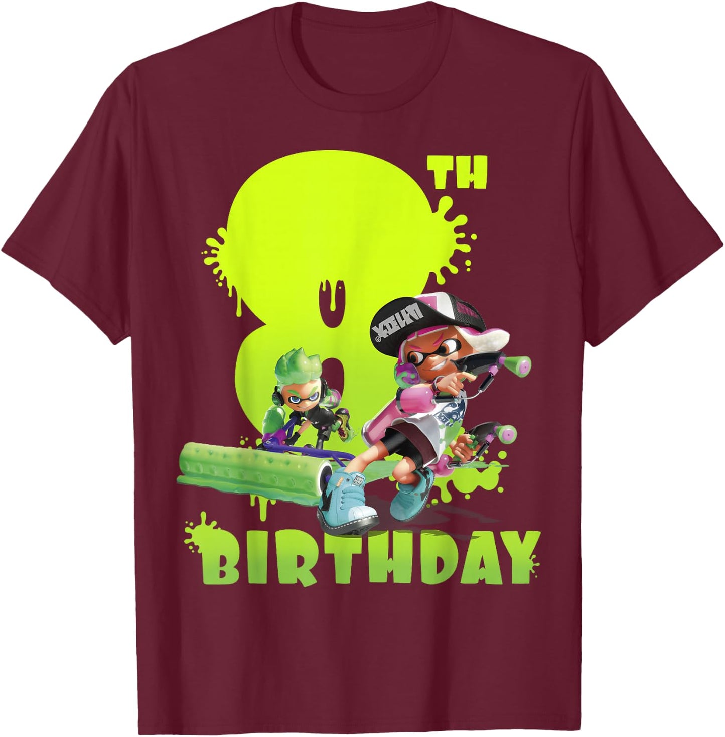 Splatoon Inkling 8th Birthday Green Splatter Portrait T-Shirt - T-Shirt | Maroon