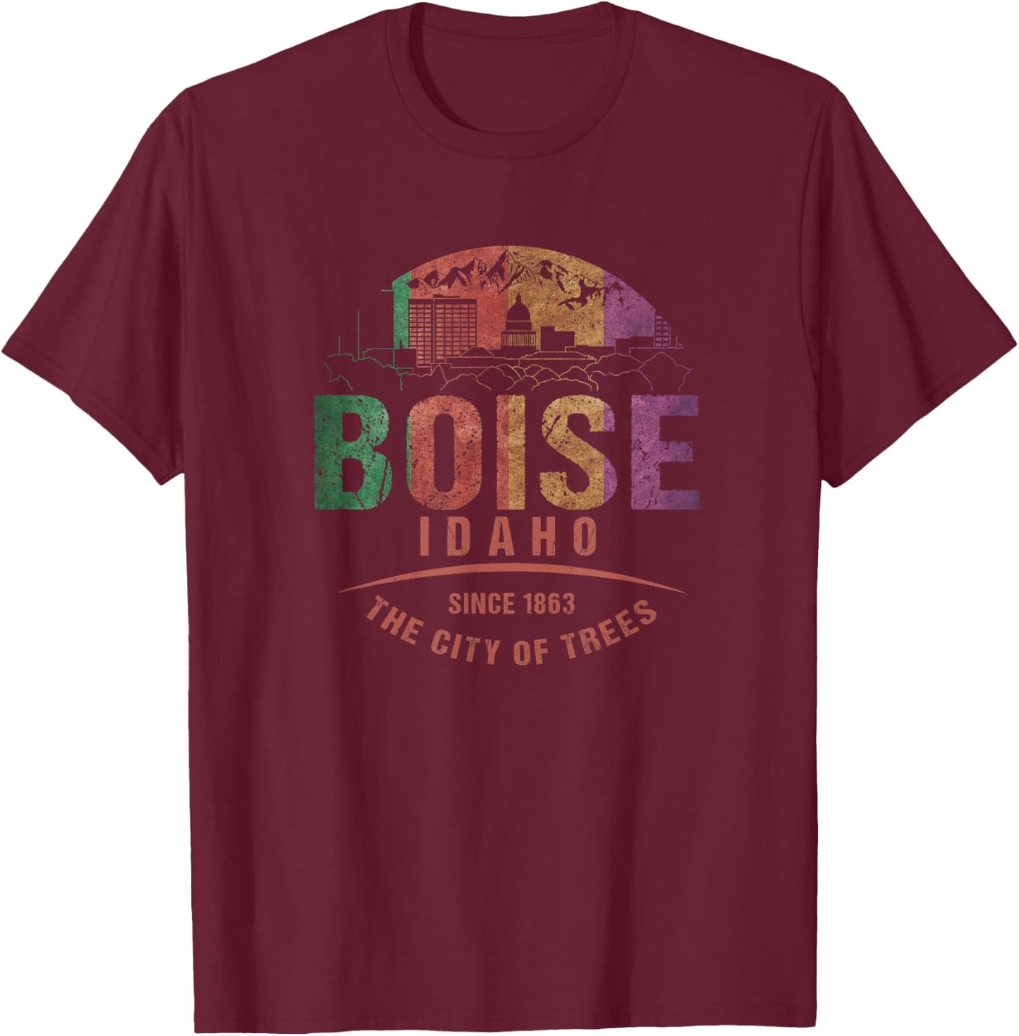 Boise Idaho City of Trees Grunge Art Novelty Souvenir T-Shirt - T-Shirt | Maroon