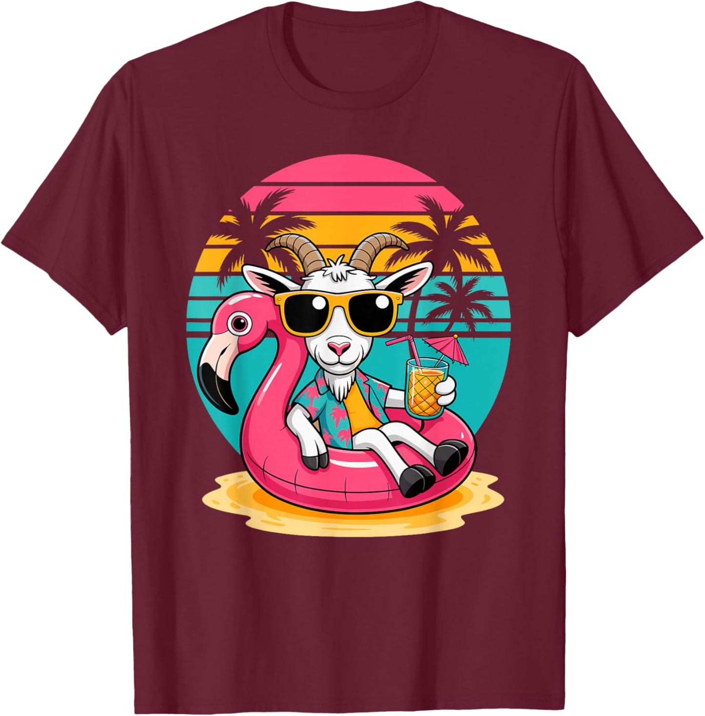 Goat Sunglasses Beach Summer Vacation Pool Float Flamingo T-Shirt - T-Shirt | Maroon