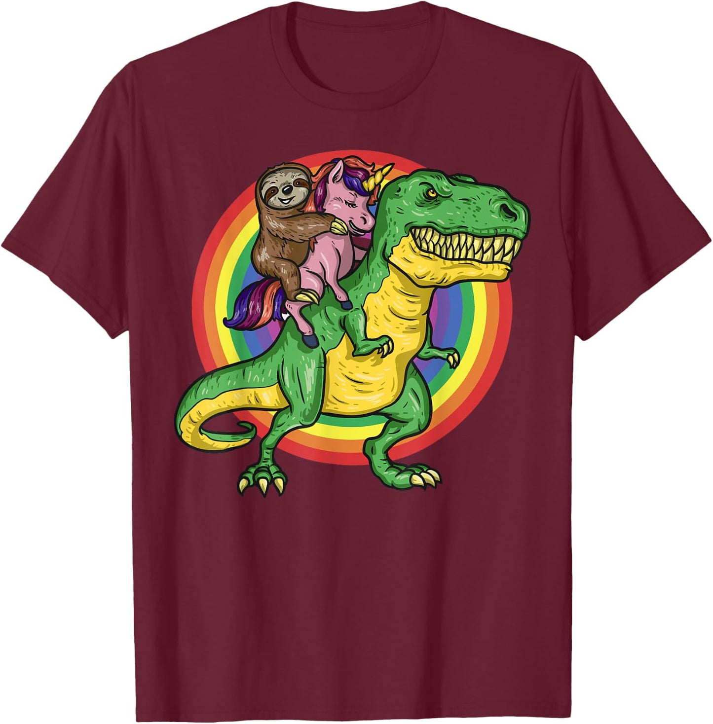 Sloth Unicorn Riding Trex Dinosaur Animal Lover Kids Gift T-Shirt - T-Shirt | Maroon
