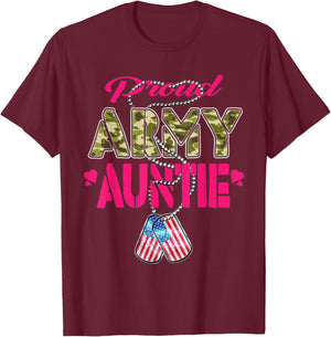 Proud Army Auntie Camo US Flag Dog Tags Pride Military Aunt T-Shirt - T-Shirt | Maroon