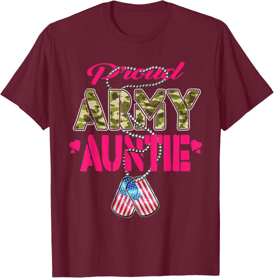 Proud Army Auntie Camo US Flag Dog Tags Pride Military Aunt T-Shirt - T-Shirt | Maroon