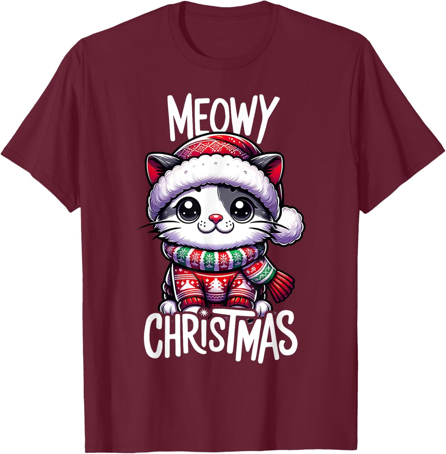 Meowy Christmas Cat Lover Funny Festive Holidays Cute Kitten T-Shirt - T-Shirt | Maroon