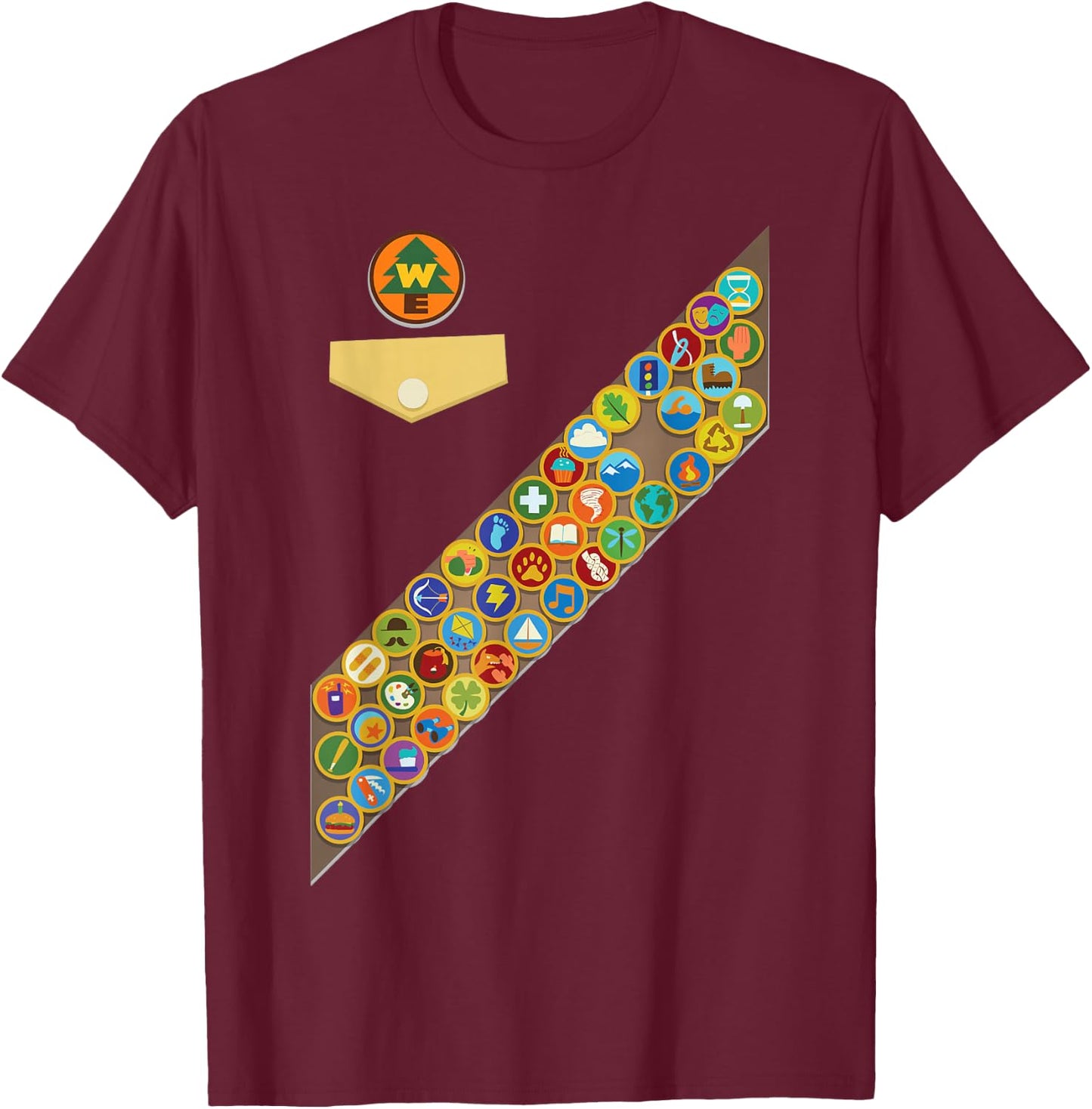 Disney Pixar Up Russell Badges Chest Patch Halloween Small T-Shirt - T-Shirt | Maroon