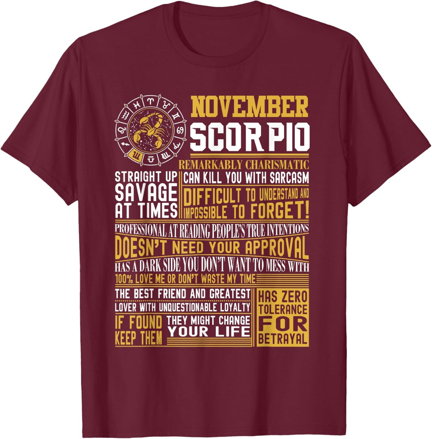 Best Born in November Scorpio Facts Shirts for T-Shirt - T-Shirt | Maroon