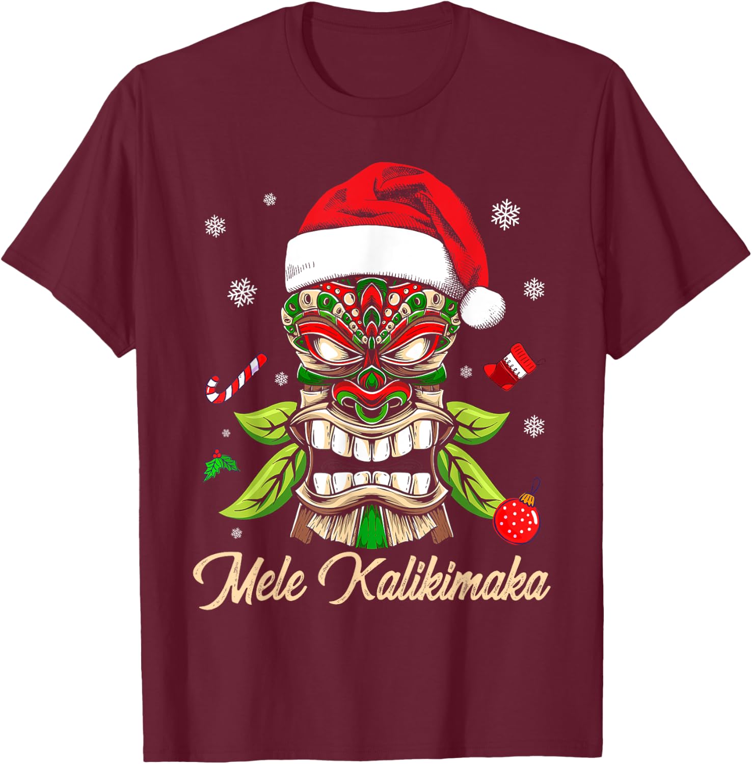 Tiki Mele Kalikimaka Hawaiian Merry Christmas Funny Gift T-Shirt - T-Shirt | Maroon