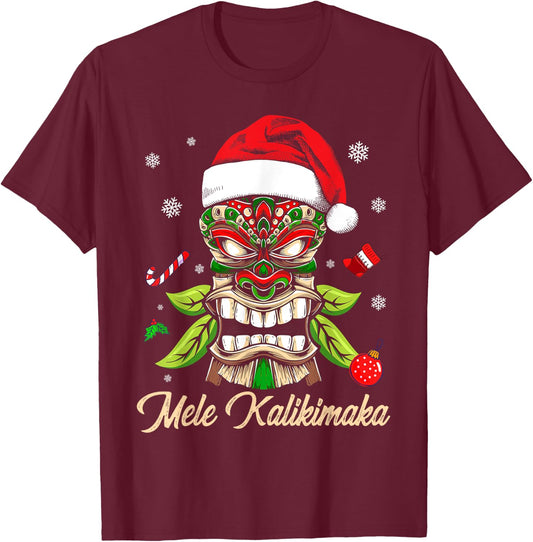 Tiki Mele Kalikimaka Hawaiian Merry Christmas Funny Gift T-Shirt - T-Shirt | Maroon
