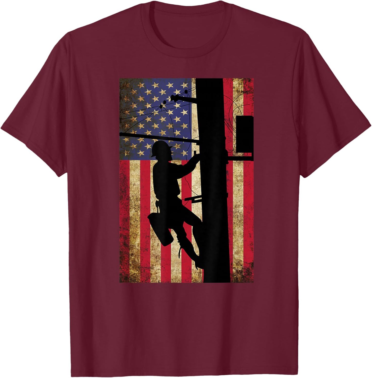 Lineman American Flag Shirt | Electric Cable Lineman Gift T-Shirt - T-Shirt | Maroon
