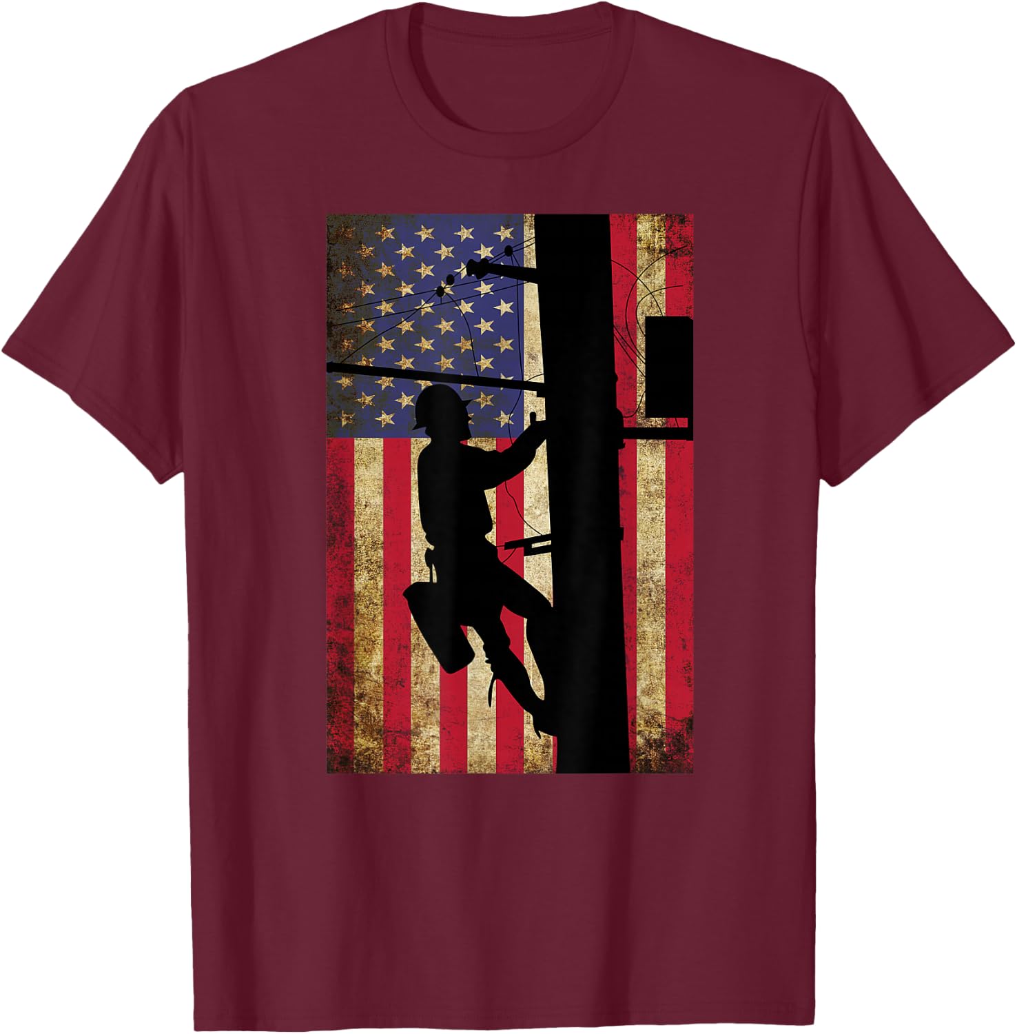 Lineman American Flag Shirt | Electric Cable Lineman Gift T-Shirt - T-Shirt | Maroon