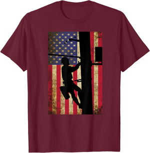 Lineman American Flag Shirt | Electric Cable Lineman Gift T-Shirt - T-Shirt | Maroon