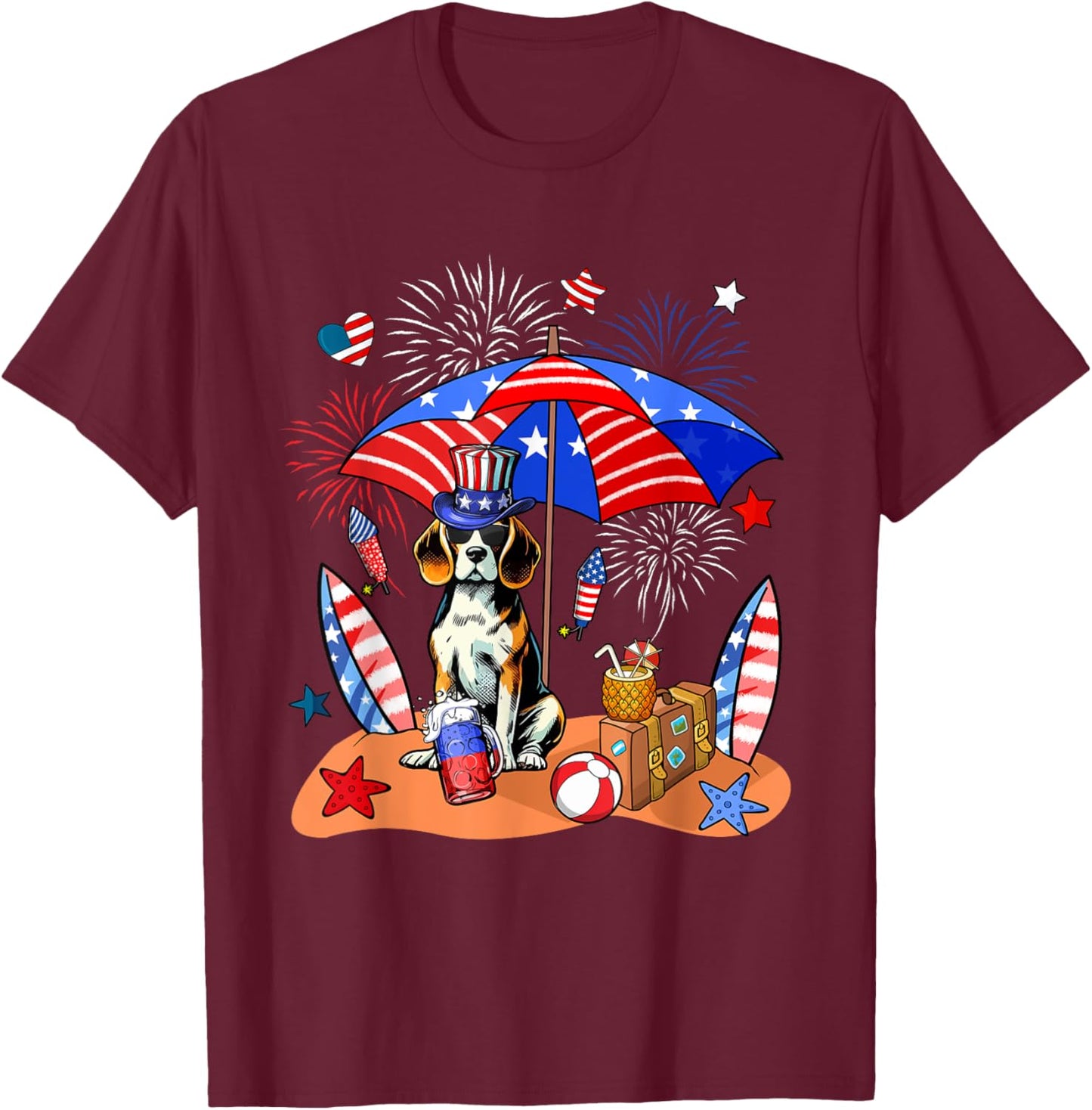 Beagle Sunglasses Relaxing On Beach 4th Of July US Flag T-Shirt - T-Shirt | Maroon