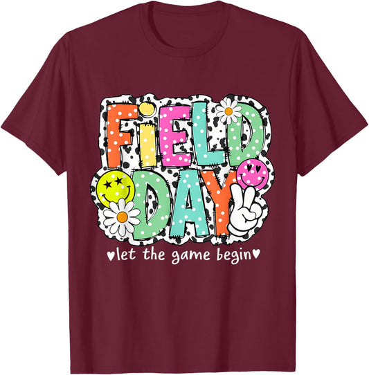 Field Day School Color Splash Flowers Let The Games Begin T-Shirt - T-Shirt | Maroon
