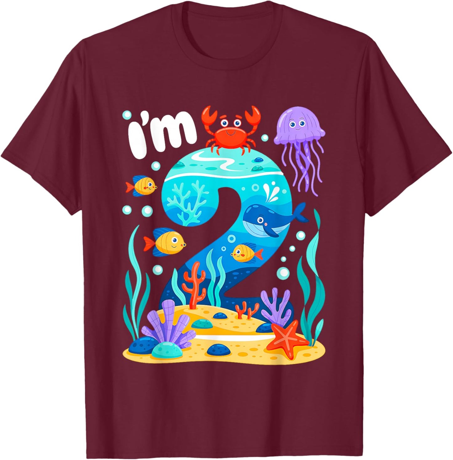 Ocean See Underwater 2 Year Old Under The Sea Birthday Party T-Shirt - T-Shirt | Maroon