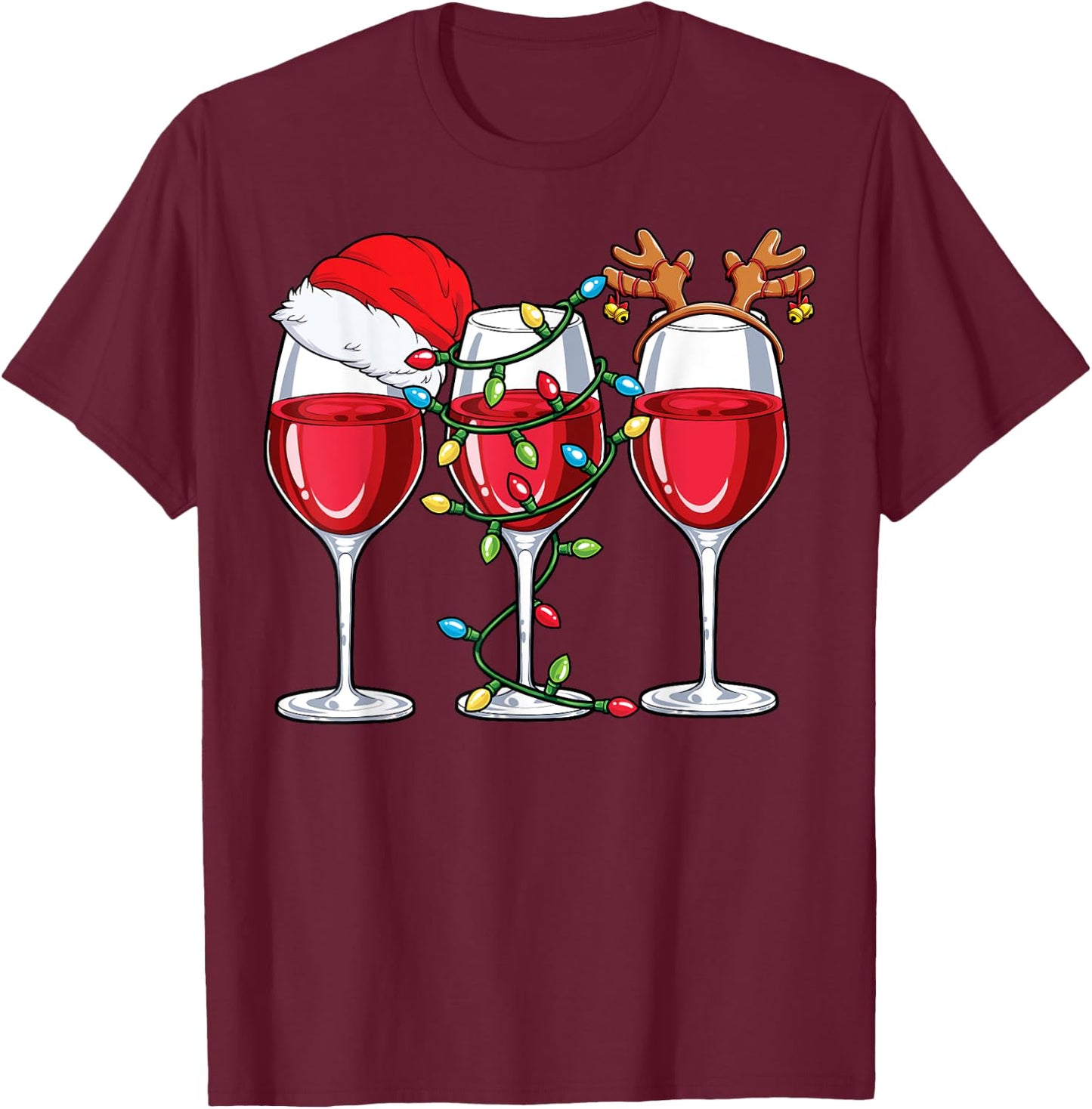 Wine Christmas Santa Hat Xmas Lights Reindeer Antlers Women T-Shirt - T-Shirt | Maroon