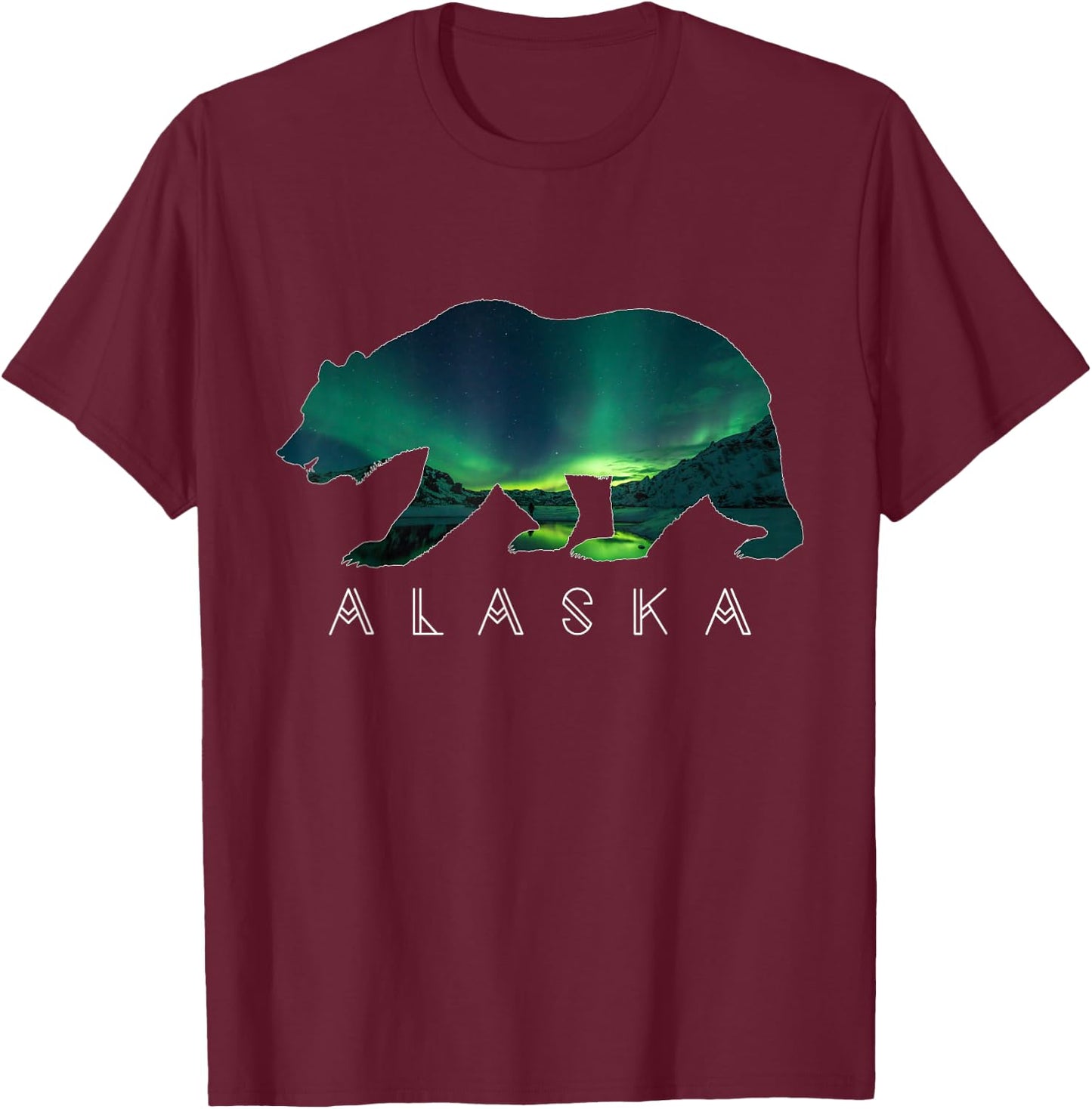 Alaskan Bear with Aurora Borealis & ICY Mountain T Shirt T-Shirt - T-Shirt | Maroon