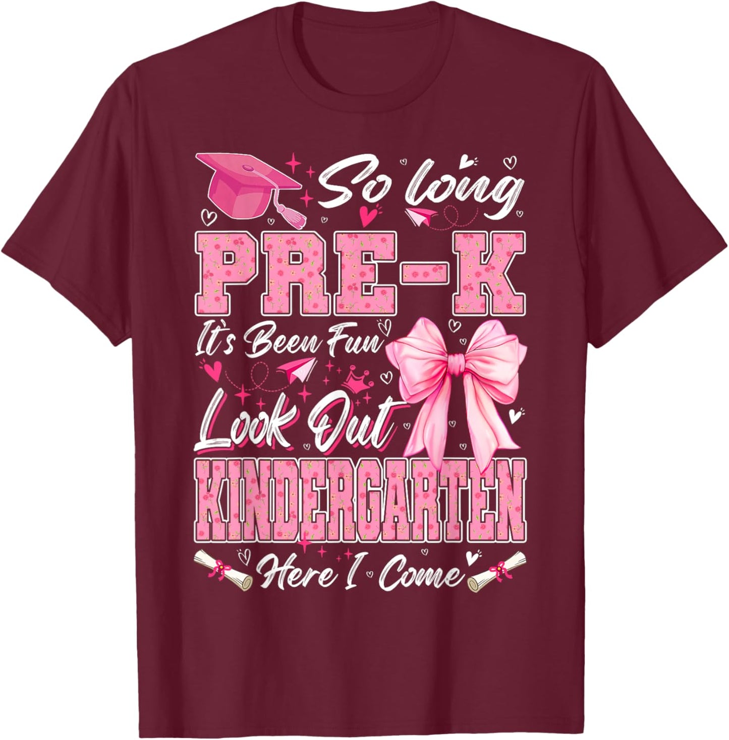 So Long Pre-K Graduation Grad Teacher Kid Boy Girl Bow T-Shirt - T-Shirt | Maroon