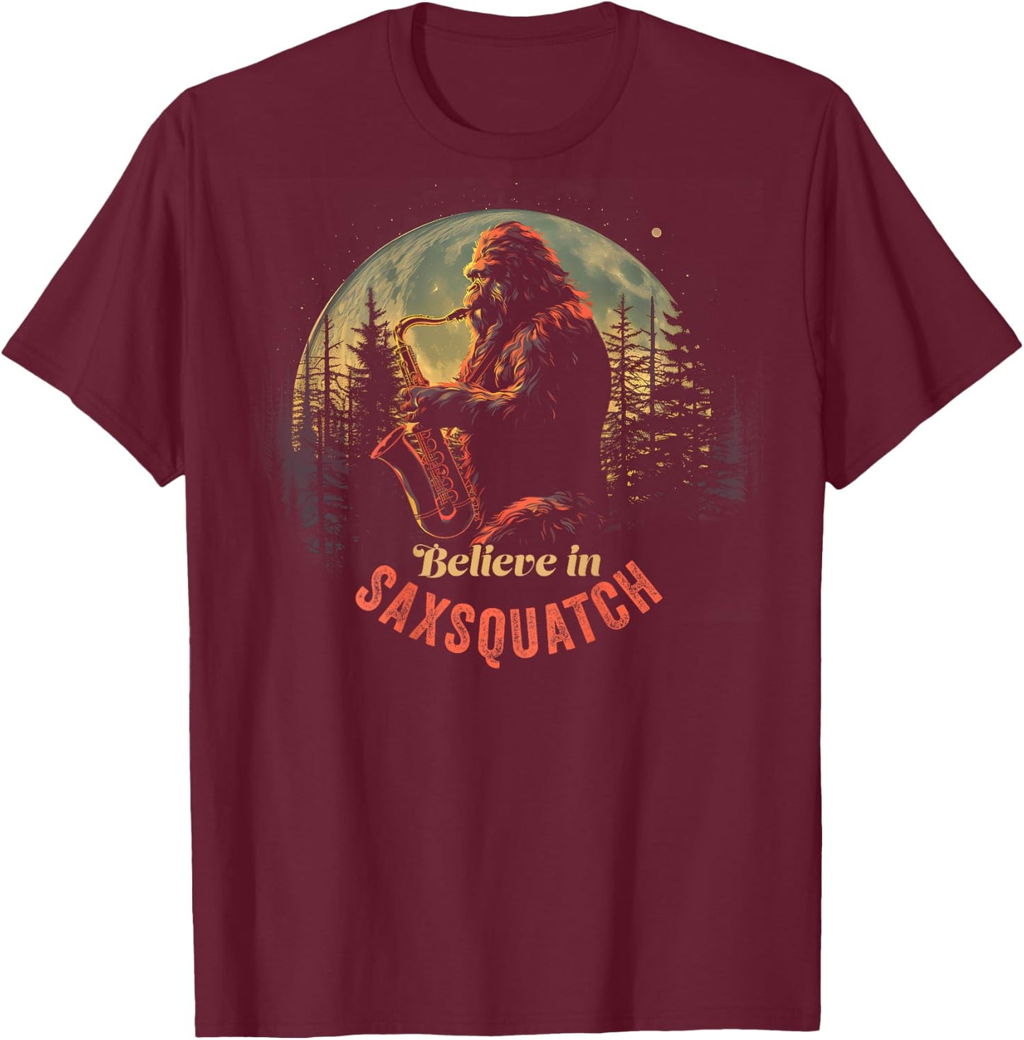 Yeti Bigfoot Playing Saxophone Sax-Squatch Back of T-Shirt - T-Shirt | Maroon
