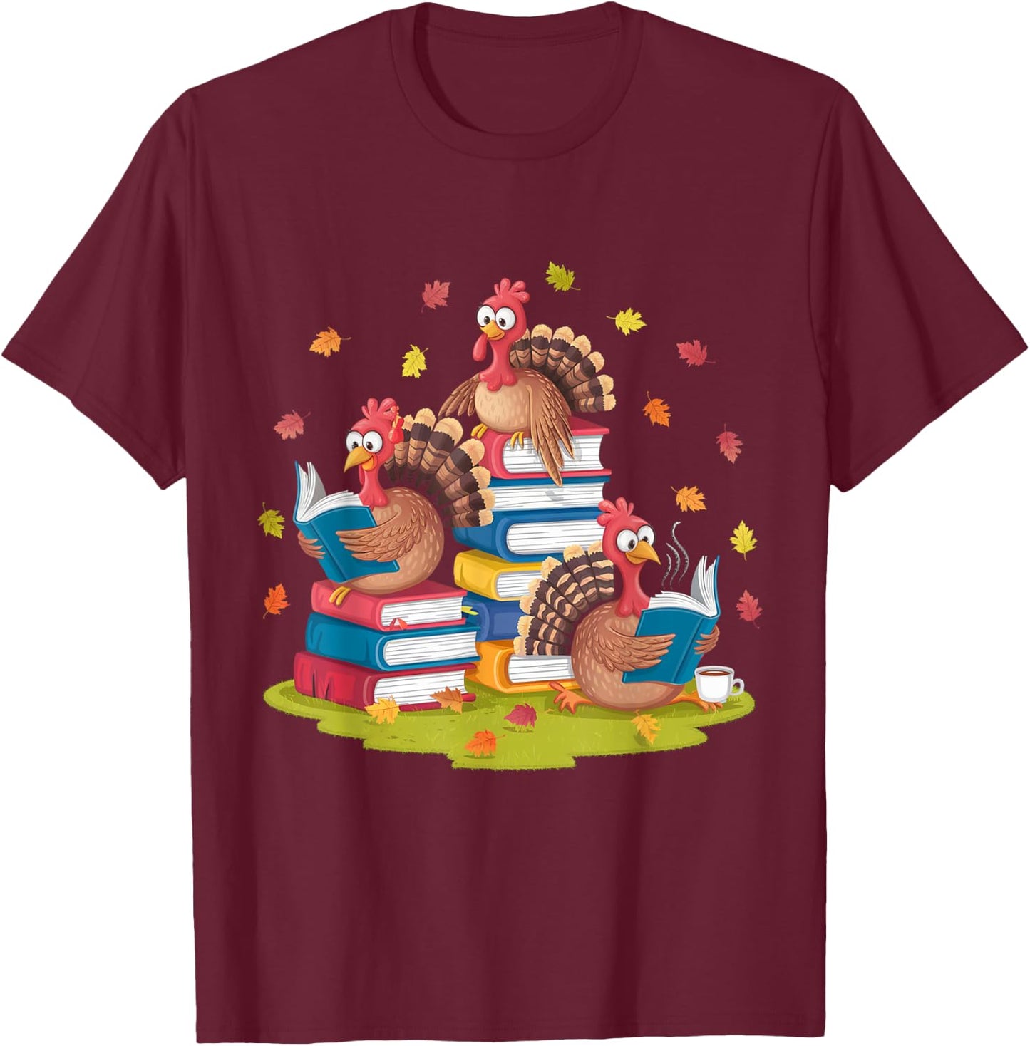 Turkey Reading Books Fall Season Thanksgiving Teacher Book T-Shirt - T-Shirt | Maroon