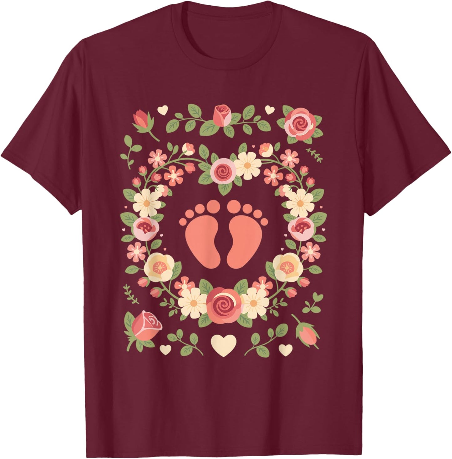 Floral Baby Feet Heart Wreath OB Nurse Midwife T-Shirt - T-Shirt | Maroon