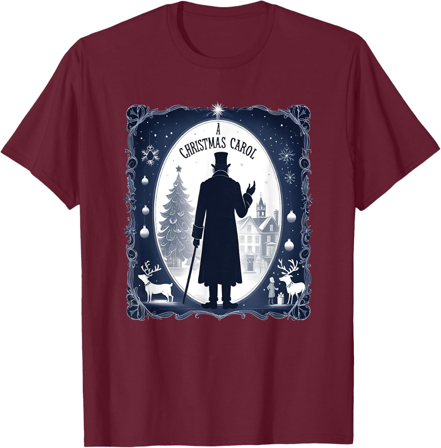 A Christmas Carol with Ebeneezer Scrooge Silhouette T-Shirt - T-Shirt | Maroon
