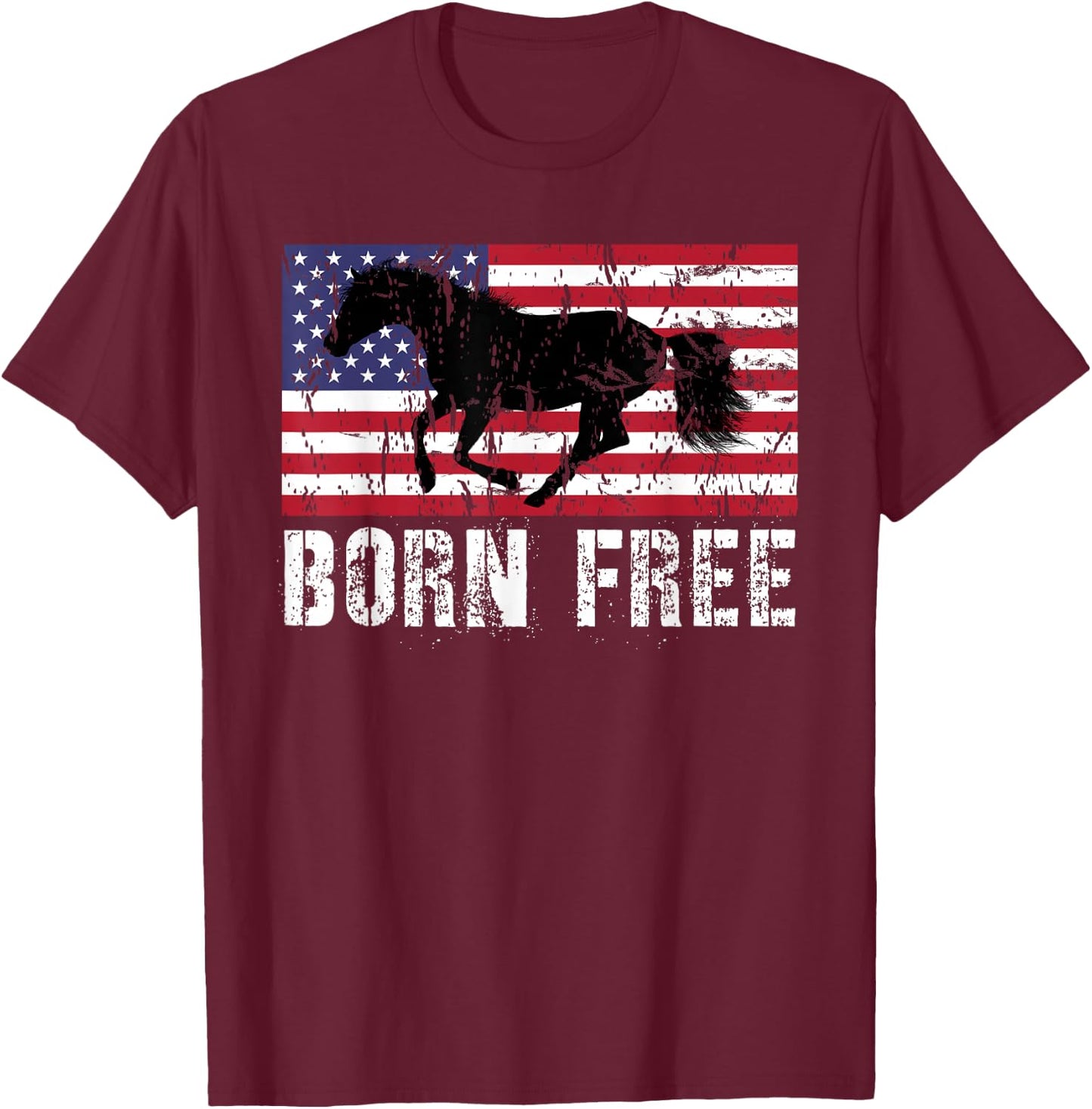 Vintage Born Free Horse American Flag Wild Mustang T-Shirt - T-Shirt | Maroon