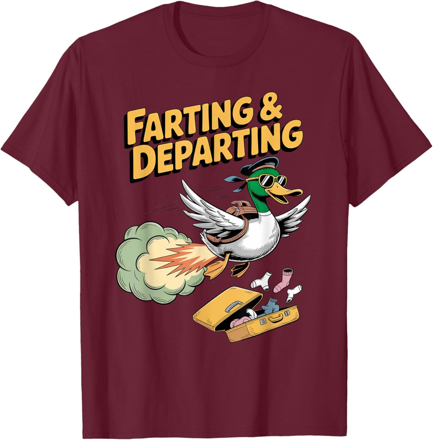 Funny Duck Farting Departing Travel Humor Airport Swap Ugly T-Shirt - T-Shirt | Maroon
