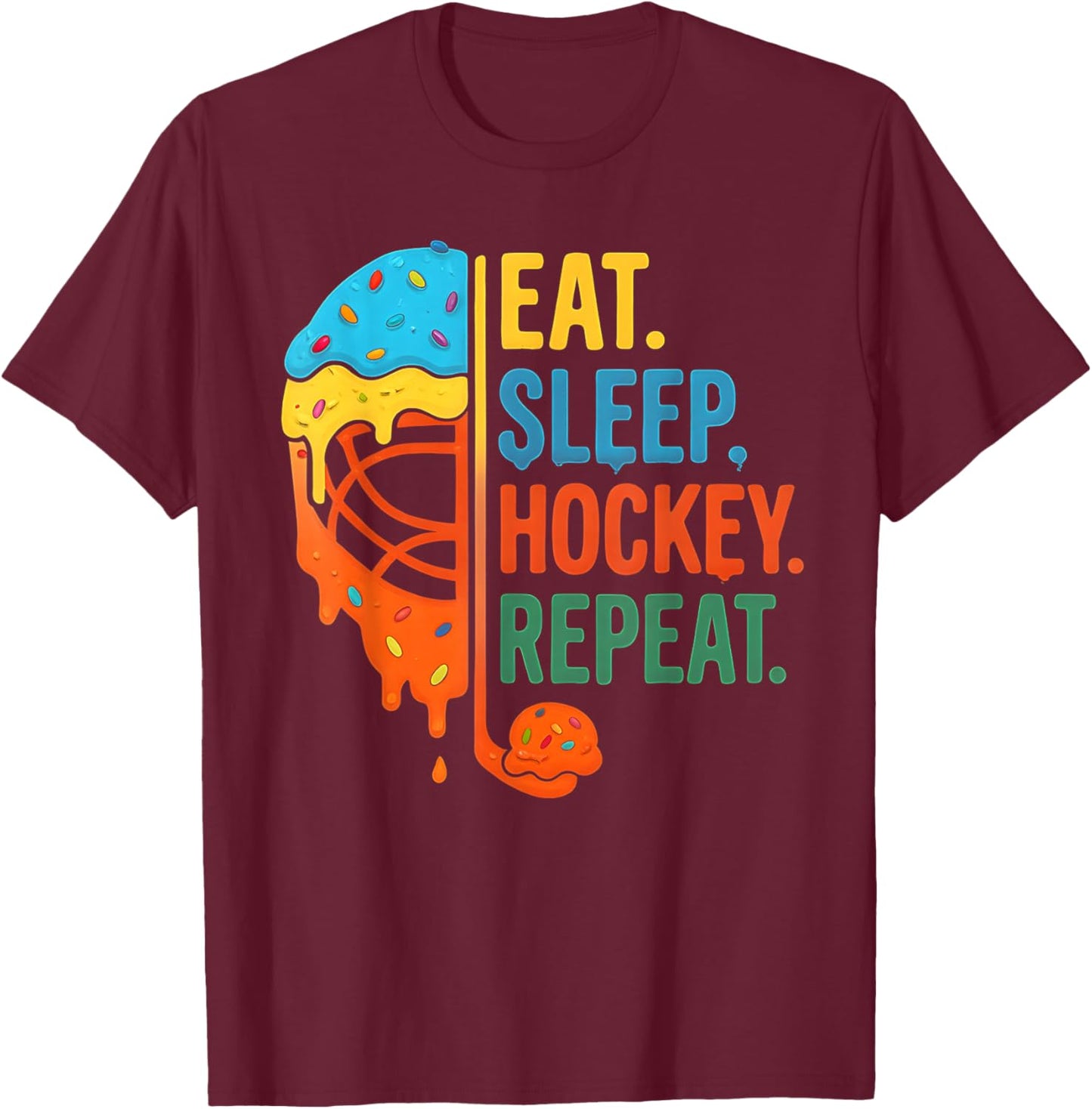 Eat Sleep Hockey Repeat Ice Cream Drip T-Shirt - T-Shirt | Maroon