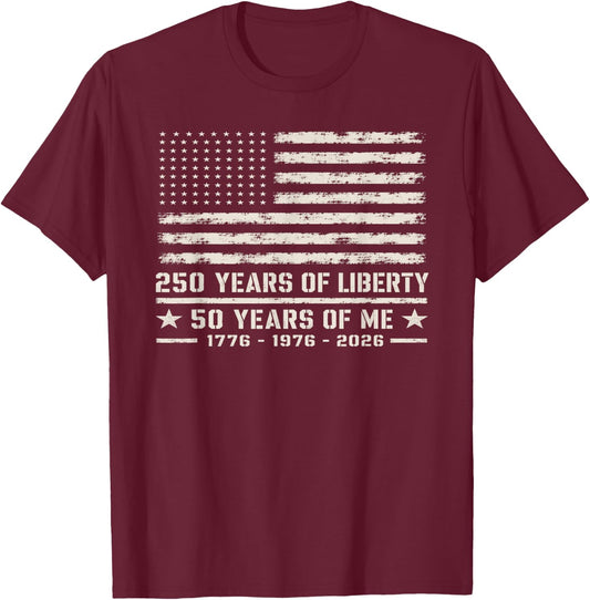 50th Birthday Born 1976 American Flag 250 Years of Liberty T-Shirt - T-Shirt | Maroon