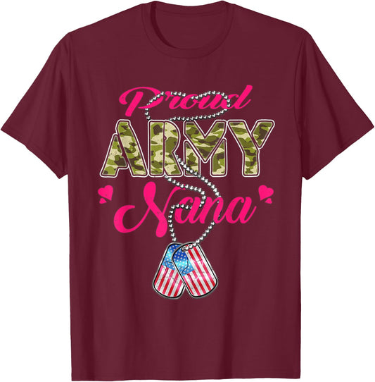 Proud Army Nana US Flag Camo Dog Tags Military Grandmother T-Shirt - T-Shirt | Maroon