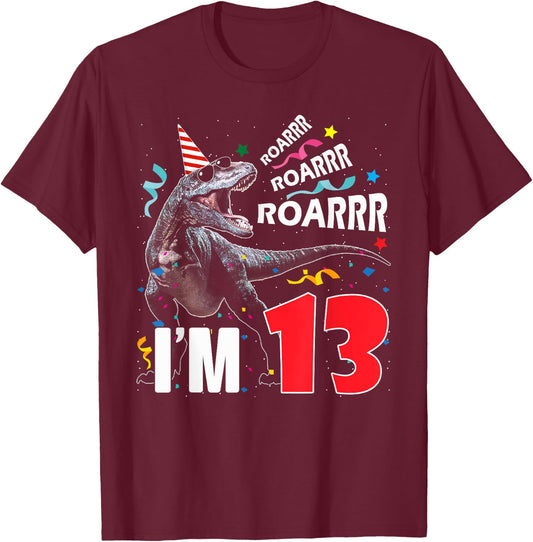 I'm 13 13th Birthday Official Teenager Dinosaur 13 Years Old T-Shirt - T-Shirt | Maroon
