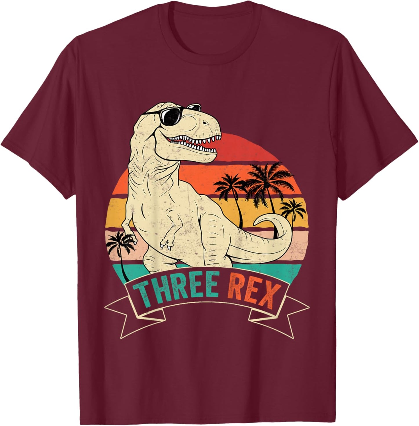 Kids Retro Three Rex Funny 3rd Birthday Dinosaur T-Shirt - T-Shirt | Maroon