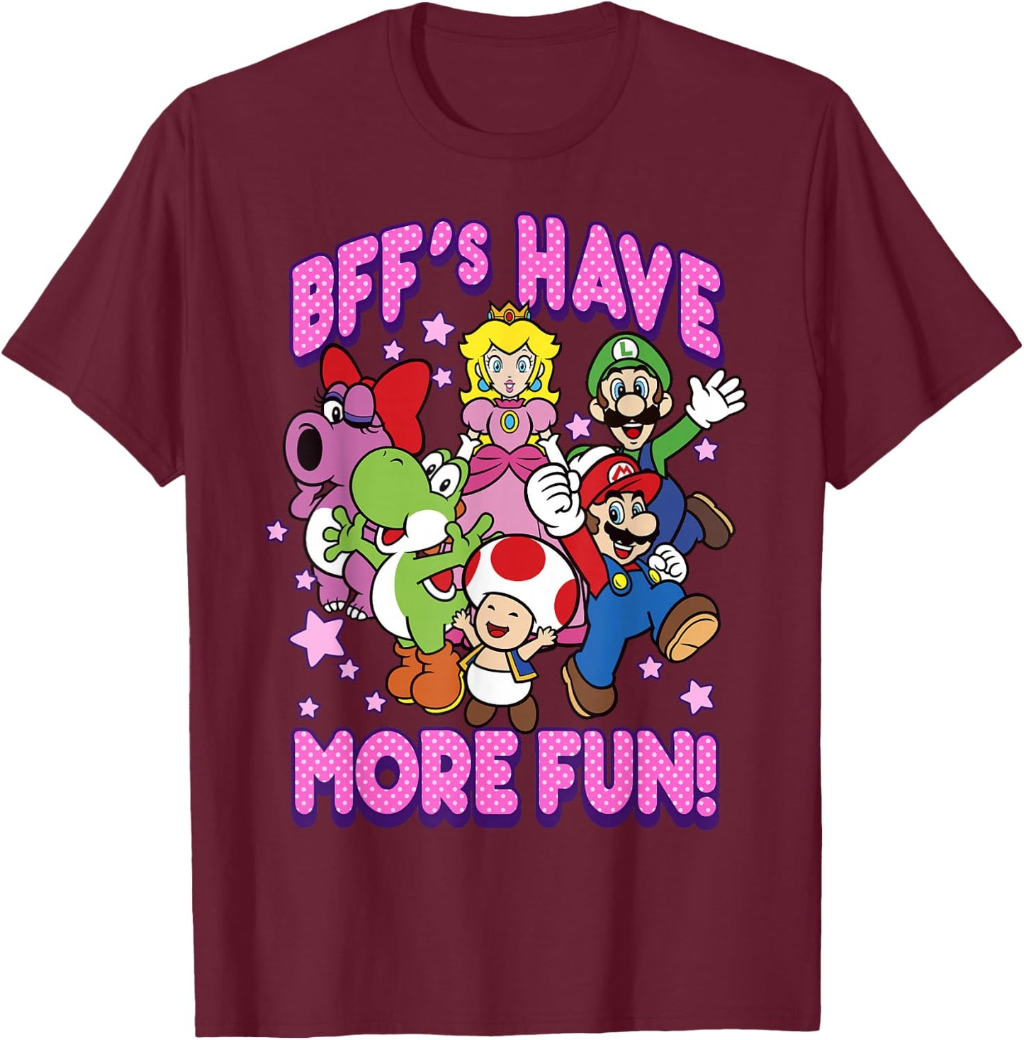 Super Mario BFF's Have More Fun Colorful Group Shot T-Shirt - T-Shirt | Maroon