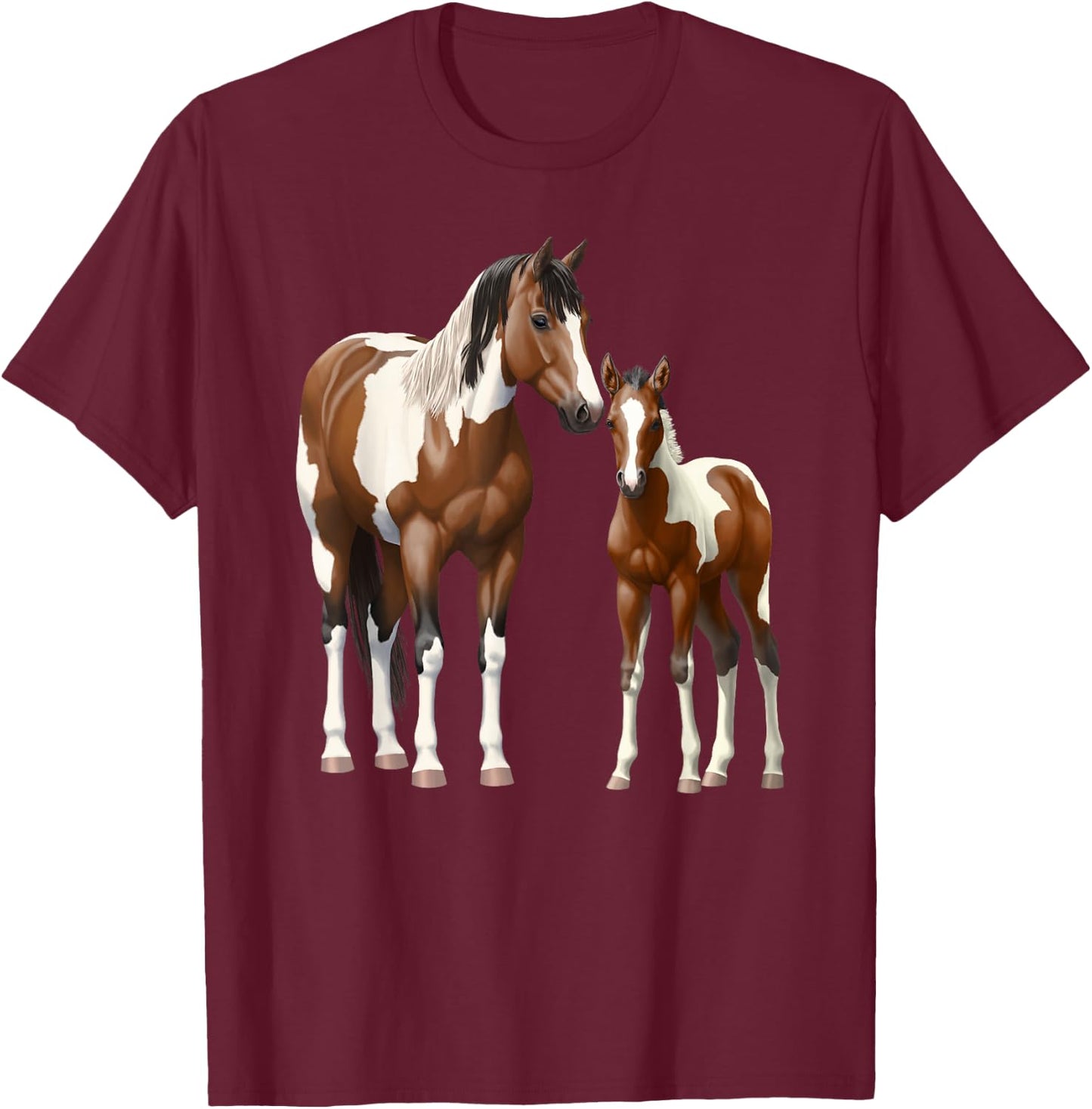 Beautiful Brown Pinto Bay Paint Horse Mare & Foal T-Shirt - T-Shirt | Maroon