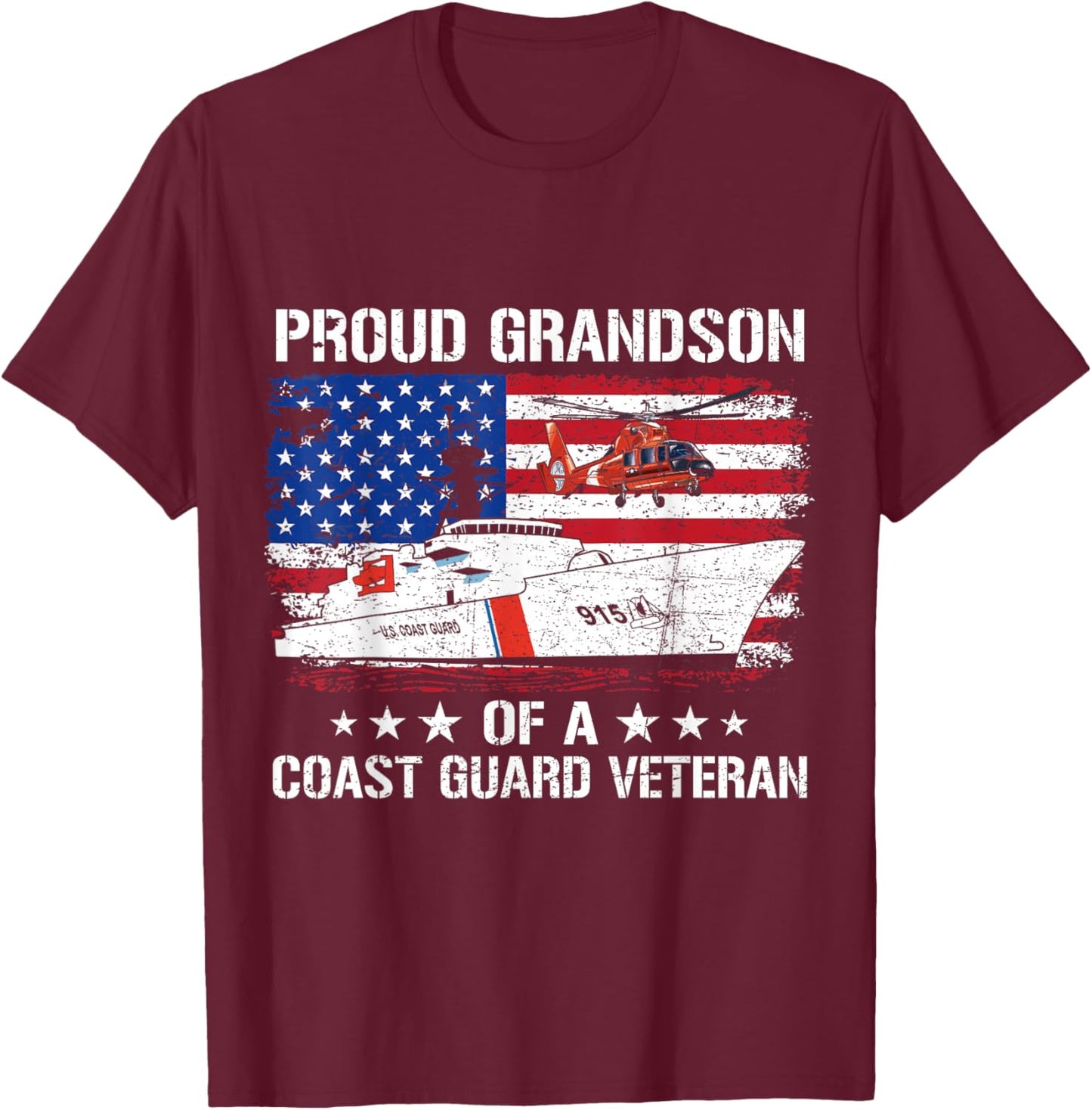 Proud Grandson Of A US Coast Guard Veteran Flag USA American T-Shirt - T-Shirt | Maroon