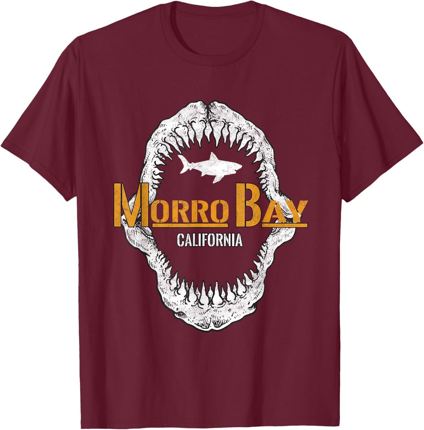 Retro Morro Bay California Shark Distress Morro Bay CA T-Shirt - T-Shirt | Maroon