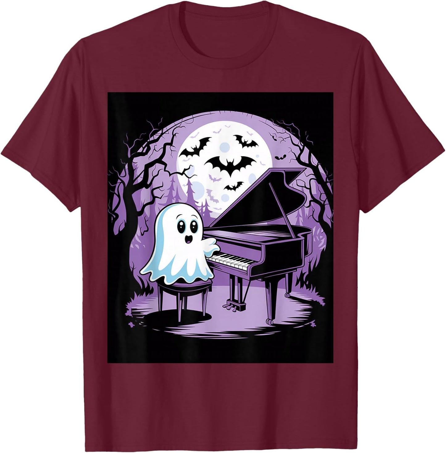 Cutest Ghost Playing Piano Creepy Halloween Costume T-Shirt - T-Shirt | Maroon
