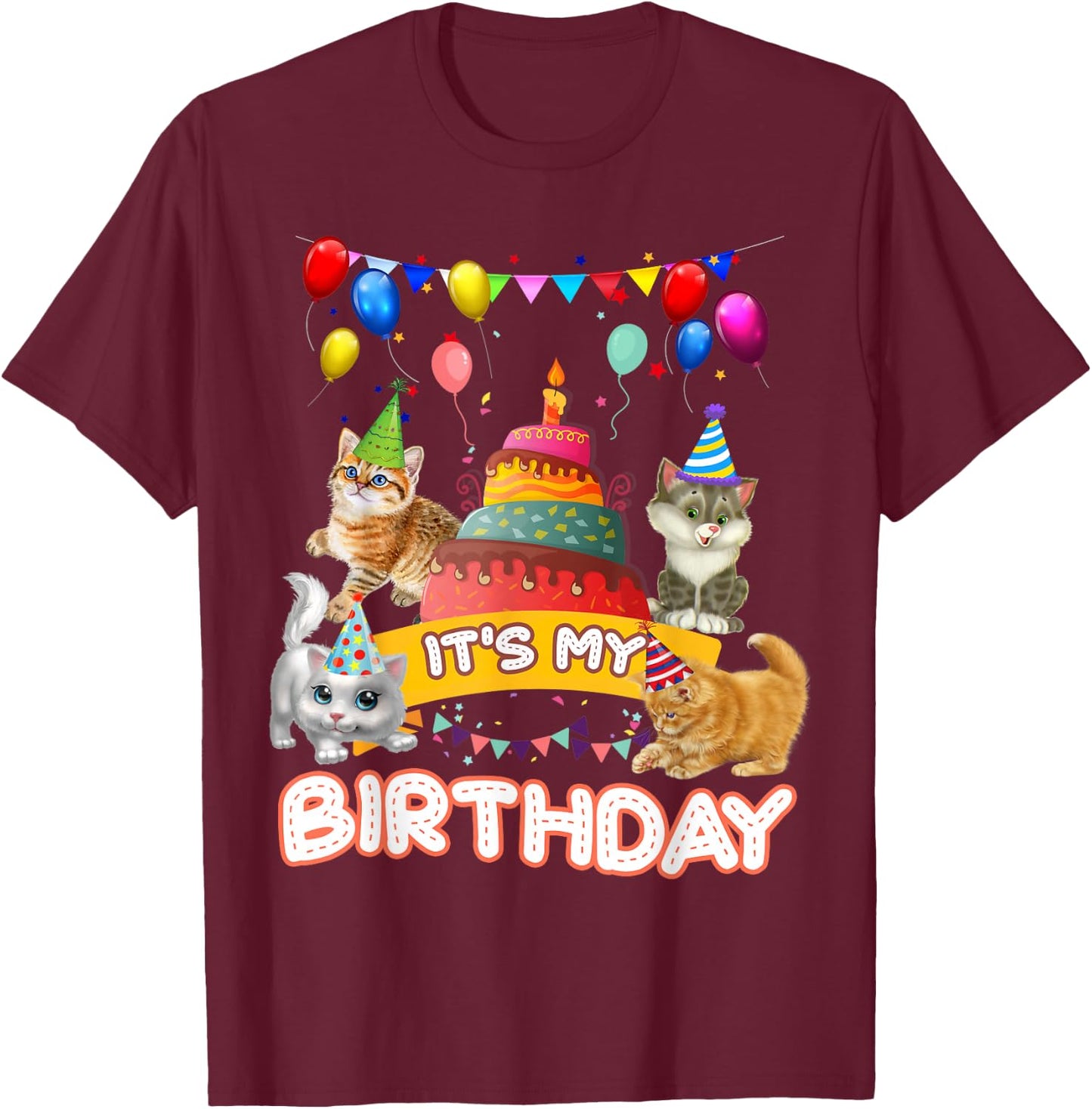 It's My Birthday Cat and Kitten Party Day Girl's and Boy's Small T-Shirt - T-Shirt | Maroon