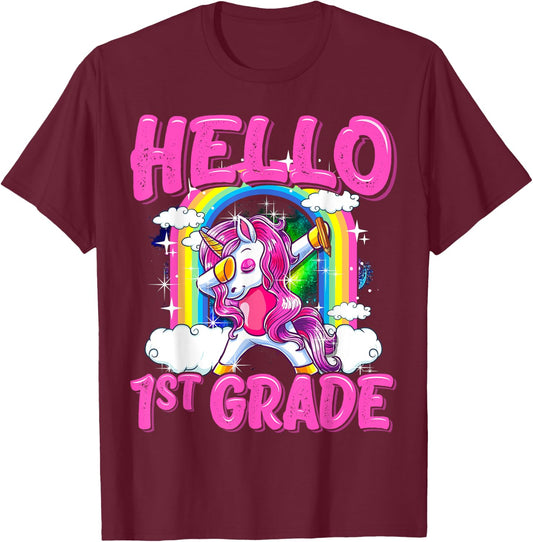 Hello 1st Grade Dabbing Unicorn Back To School Gifts T-Shirt - T-Shirt | Maroon