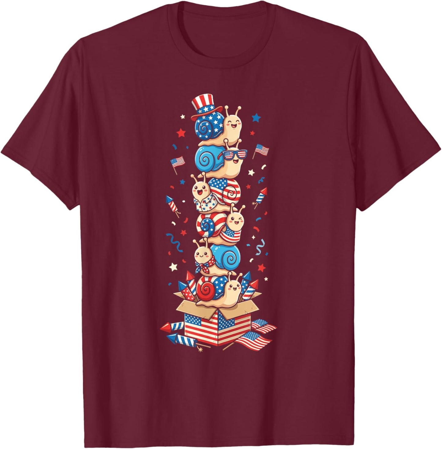 Funny Snail American USA Flag Memorial Day 4th of July T-Shirt - T-Shirt | Maroon