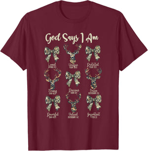 God Says I Am Christian Jesus Camo Coquette Bow Deer Hunting T-Shirt - T-Shirt | Maroon