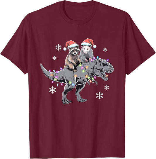 Funny Raccoon & Opossum Riding Dinosaur T-Rex Christmas T-Shirt - T-Shirt | Maroon