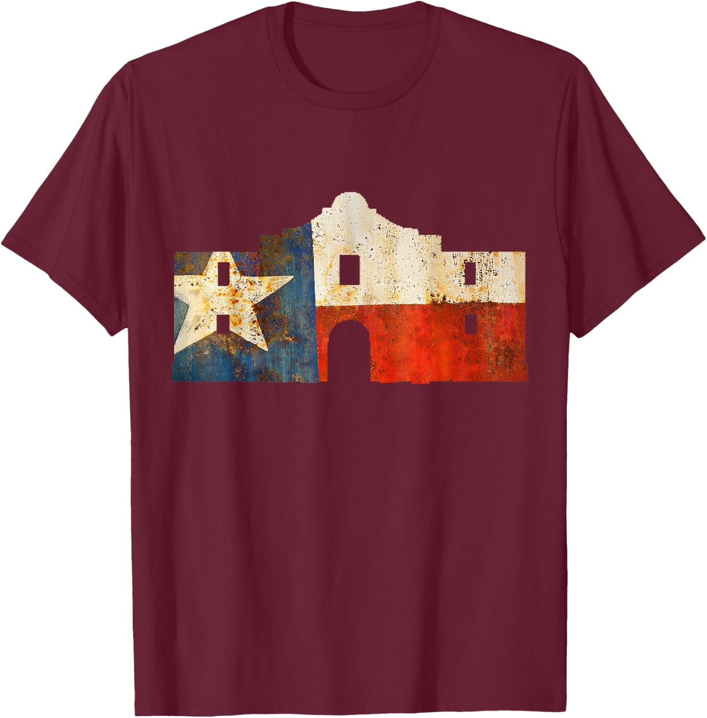 Texas Alamo wrapped in a rustic Texas flag T-Shirt - T-Shirt | Maroon