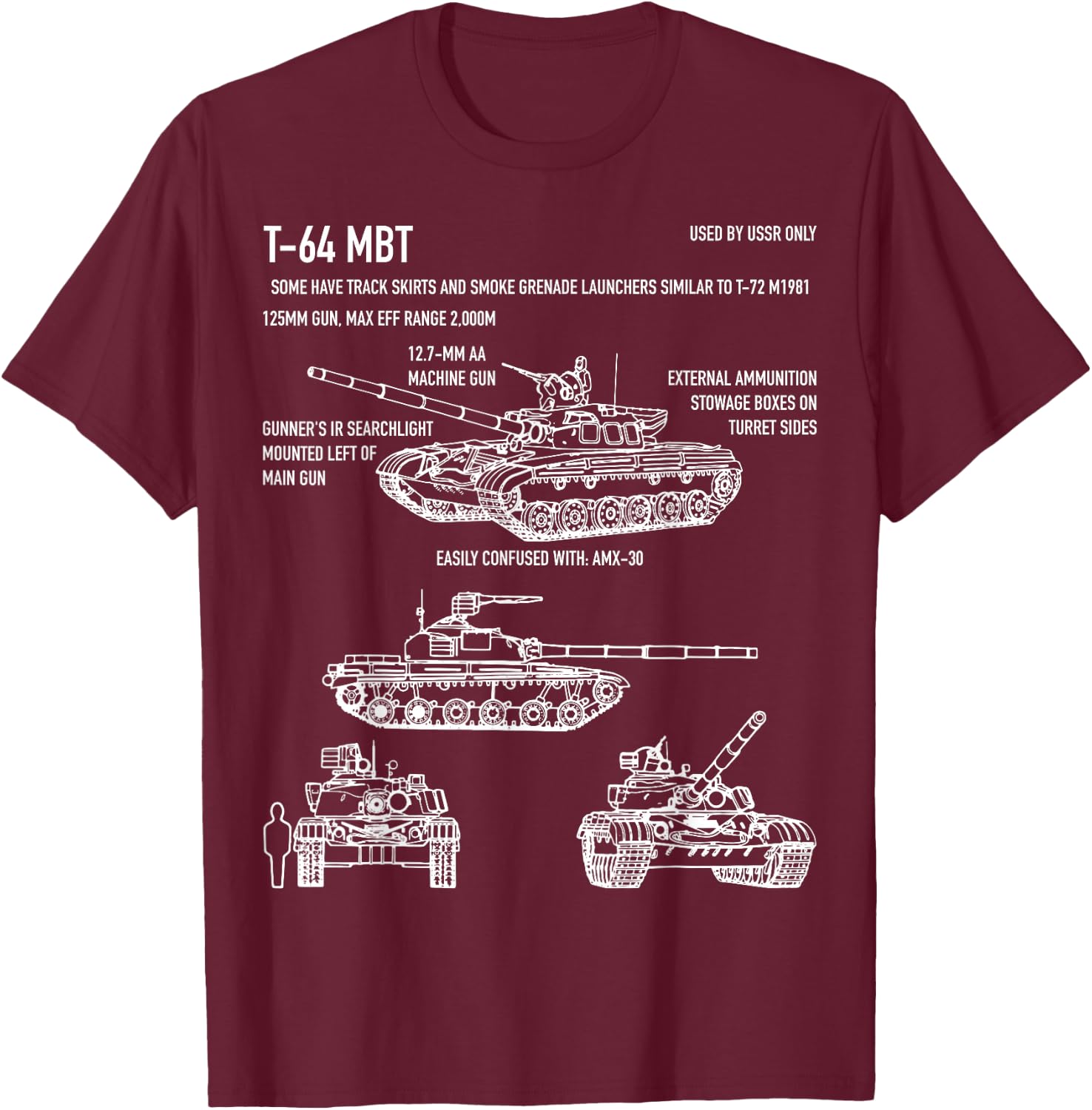 T-64 Russian Main Battle Tank Blueprint Gift T-Shirt - T-Shirt | Maroon