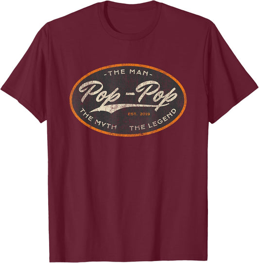 Vintage Pop Pop New Grandpa Est. 2019 The Man Myth Legend T-Shirt - T-Shirt | Maroon