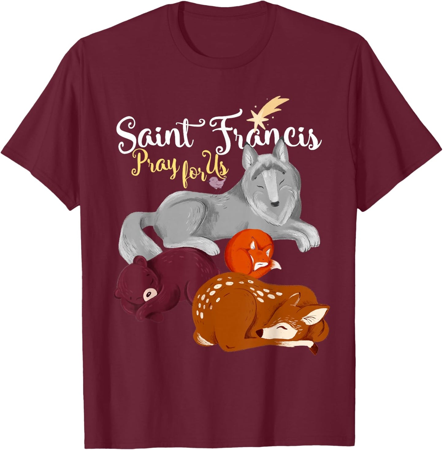 Saint Francis of Assisi Patron of Animals Wolf Animal Lover T-Shirt - T-Shirt | Maroon