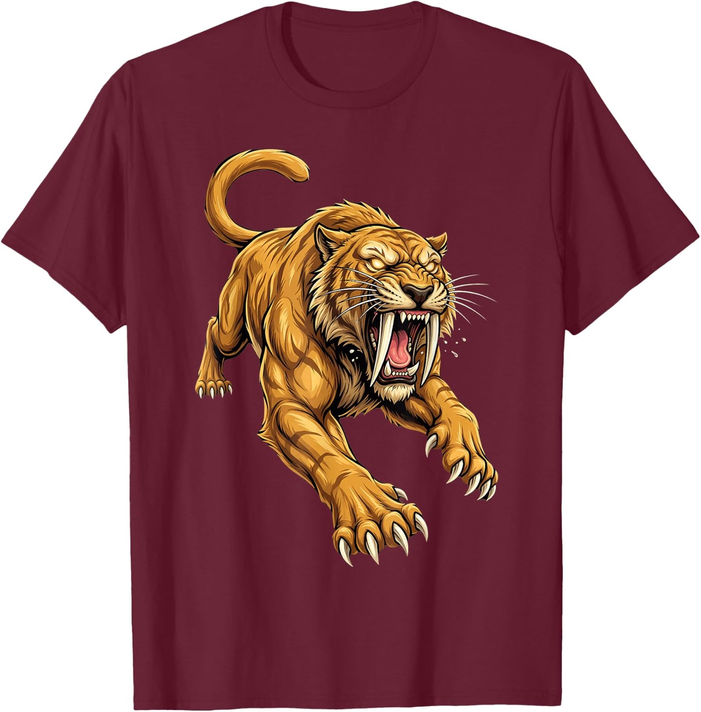 Saber Tooth Tiger Smilodon Animal T-Shirt - T-Shirt | Maroon