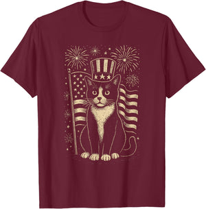 Vintage Tuxedo Cat 4th of July Patriotic Hat and Fireworks T-Shirt - T-Shirt | Maroon