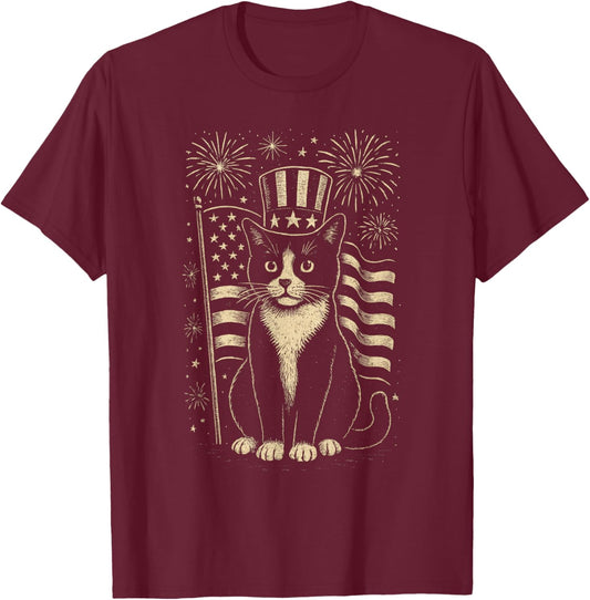 Vintage Tuxedo Cat 4th of July Patriotic Hat and Fireworks T-Shirt - T-Shirt | Maroon