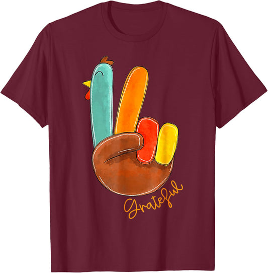 Peace Sign Turkey Hand Cool Thanksgiving Hippie Men Women T-Shirt - T-Shirt | Maroon